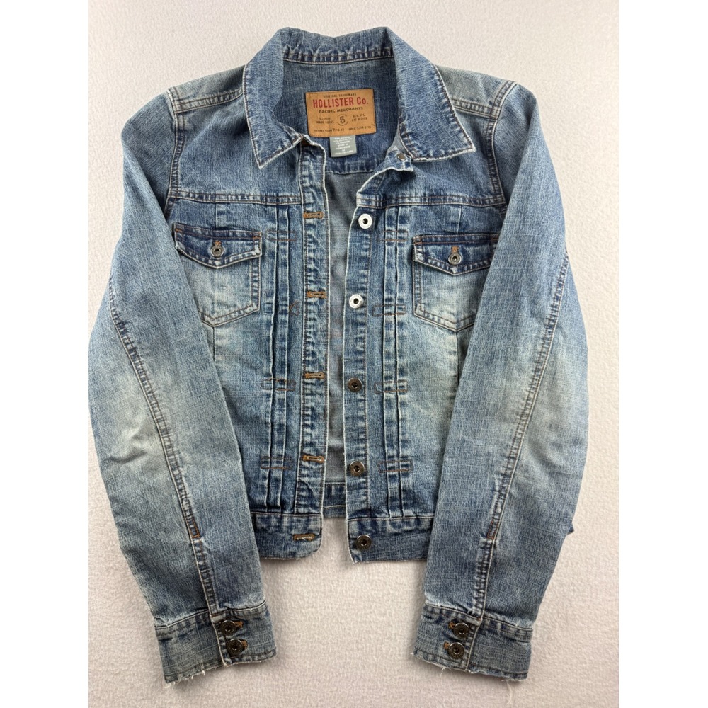 Hollister Womens Medium Wash Denim Trucker Jacket Blue Size M Cotton Blend‎